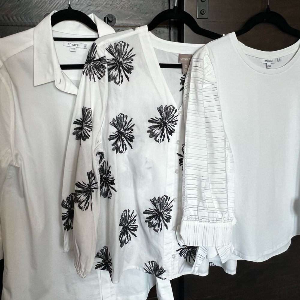 Set of 3 Chico's Tops Black and White Floral Blouse Trio-Size 3